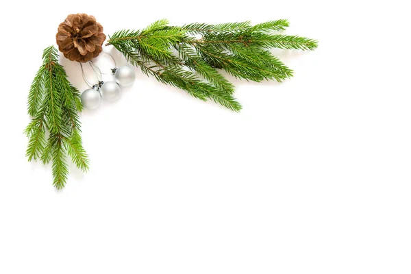 Cornice Natalizia Composta Rami Albero Natale Giocattoli Natalizi Pigne Sfondo — Foto Stock
