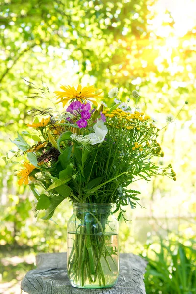 Bouquet Bright Different Yellow Meadowsweet Flowers Simple Glass Jar Natural — Stock Photo, Image