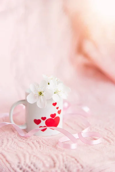 Valentine Day Concept White Cup Coffee Hearts Pale Pink Background — Zdjęcie stockowe