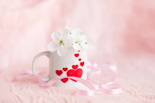 Valentine Day Concept White Cup Coffee Hearts Pale Pink Background — Zdjęcie stockowe
