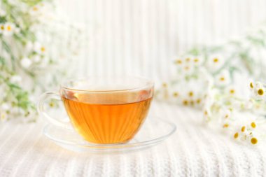 Papatya çiçekli bir fincan bitki çayı.