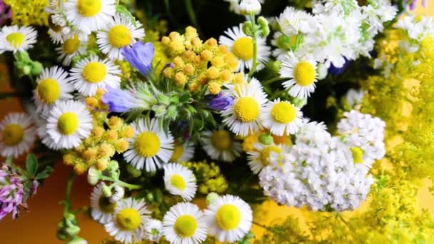 Kytice Jasně Různé Žluté Loukysladké Květy Jednoduché Skleněné Sklenice Přirozeném — Stock video