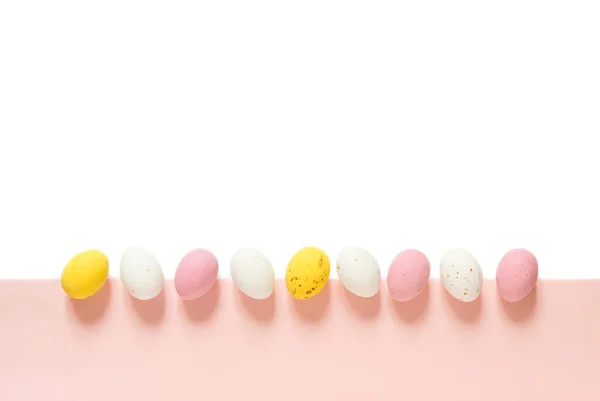 Candy Easter Eggs Light White Pink Background Happy Easter Flat — ストック写真