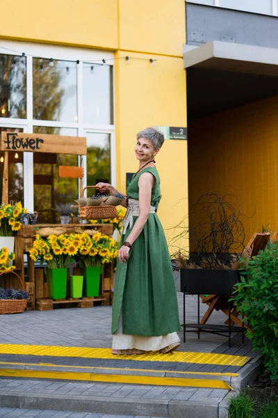 Elegant Adult Woman Basket Flowers Cafe Flower Shop - Stok İmaj