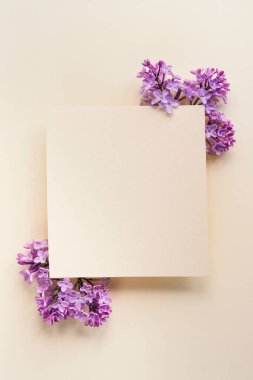 Beautiful flower arrangement. Mockup. Lilac flowers, free space for text on light pastel background. Wedding, birthday. Valentine's Day, Mother's Day. top view, copy space