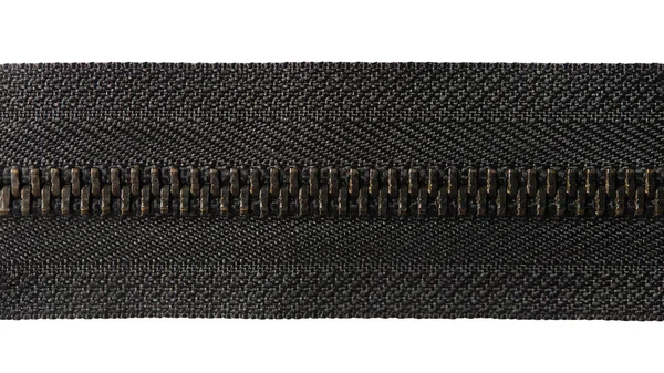 Isoliertes Schwarzes Reißverschlusselement Mit Metallzähnen Auf Weißem Hintergrund — Stockfoto