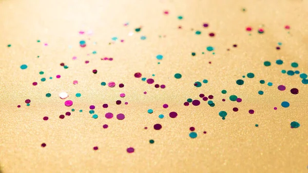 Colorful Confetti Golden Background Brilliant Colored Sequins Holiday Greeting Card — Fotografia de Stock