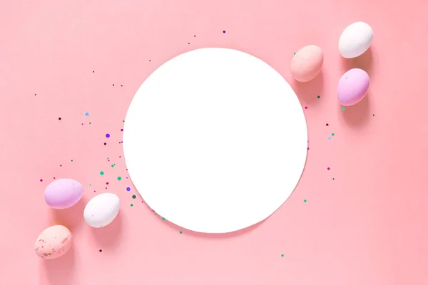 Frohe Ostern Dekoration Konzept Leere Grußkarte Einladungsattrappe Festlich Pastellrosa Hintergrund — Stockfoto