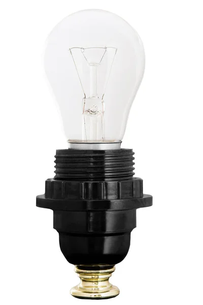 Glühbirne Schwarzer Kunststoffkartusche Isoliert Auf Weißem Hintergrund Leuchtend Gelbe Energiesparlampe — Stockfoto