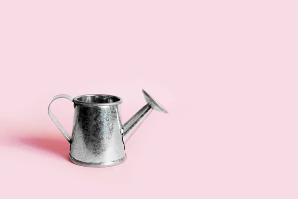 ピンクの無地の背景に亜鉛金属製の散水缶のミニチュア 空のオブジェクト モックアップの最小限の概念 — ストック写真