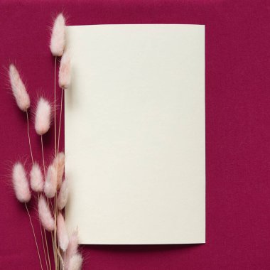 Bahar, yaz düğünü, doğum günü, anneler günü. Boş tebrik kartı kapanışı, boş bej kağıtlı davetiye modeli ve dekoratif pembe kuru çiçekler. Temel tekstil kırmızı arkaplanı.