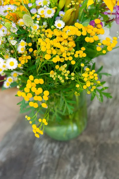 Bouquet Yellow Flowers Vase Minimal Floral Frame Made Yellow Tansy — Stock Photo, Image