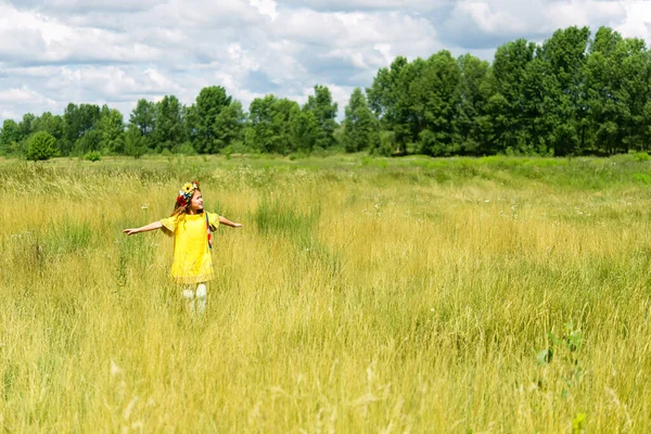 Ukrainsk Barn Pige Iført Nationale Tøj Med Broderi Krans Blomster - Stock-foto
