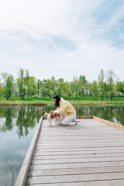 女と犬が木製の桟橋に座っている ジャック ラッセル テリア ドッグを飼っている女性 公園内に湖がある美しいカラフルな夏の自然イディリスの風景 — ストック写真