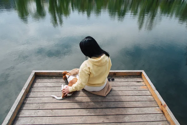 女と犬が木製の桟橋に座っている 女性は彼女の背中のカメラに座って ジャックラッセルテリア犬 公園内に湖がある美しいカラフルな夏の自然イディリスの風景 — ストック写真