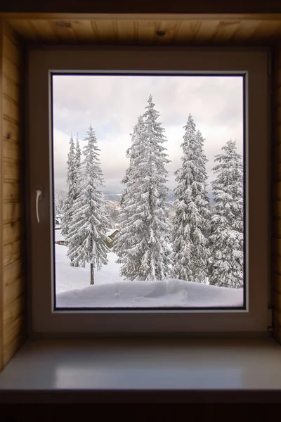 Landscape Window Snow Covered Trees Mountains Picturesque Winter Scene Magic — Stock Photo, Image