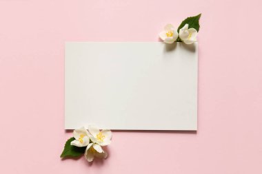 Boş tebrik kartı, davetiye maketi. Minimum çiçekli beyaz yasemin çiçeği. Düz yerde, üst tarafta. Anneler günün kutlu olsun, kadınlar günü veya doğum günün kutlu olsun, düğün kompozisyonu.