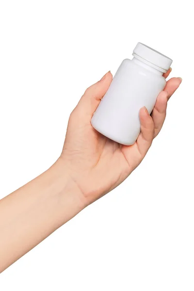 Χέρι Άδειο Μπουκάλι Χάπι Απομονώνονται Μπουκάλι Χάπια Κοπάδι — Φωτογραφία Αρχείου