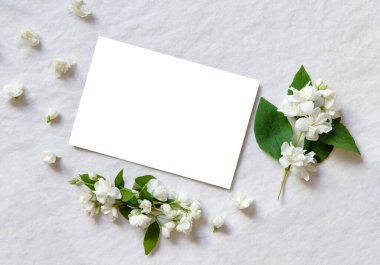 Beyaz tekstil arka planında minimalizm çiçek dekoru, tebrik için şablon ya da davetiye..