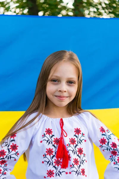 Enfant Ukrainien Fille Avec Drapeau Jaune Bleu Ukraine Dans Domaine — Photo
