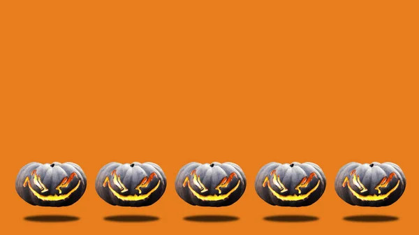 Buon Concetto Festa Halloween Cinque Zucca Levitare Sfondo Arancione Mockup — Foto Stock