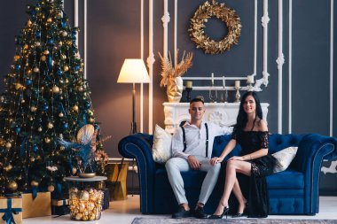 Noel arifesinde oturma odalarında genç bir çiftin portresi. Kanepede noel süsü. Birbirini kucaklayan sevimli bir çift, Noel ağacının yanındaki koltukta oturuyor.