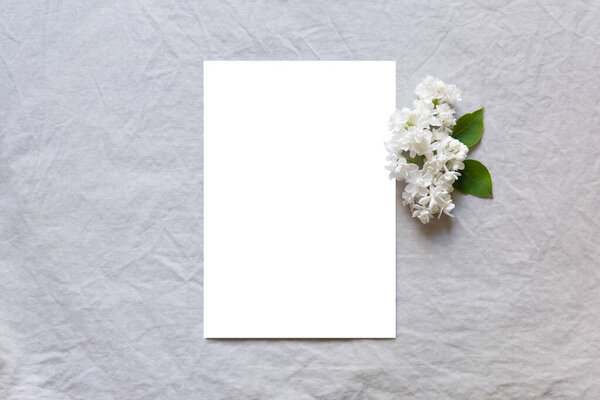 Happy birthday, mother's day, wedding composition. Blank greeting card, invitation and envelope mockup. Rectangular blank with delicate lilac flowers. Flat lay, top view.