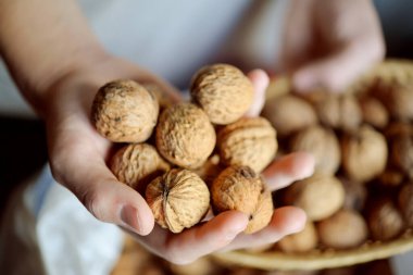 Erkek eli, arka planda, mutfakta fındıkların üzerinde bir sürü ceviz tutuyor.