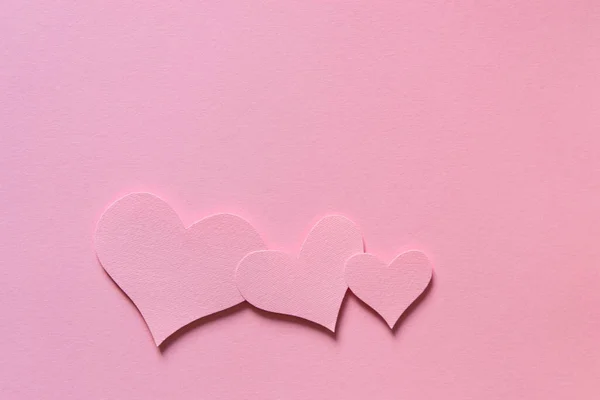 День Святого Валентина Баннер Тремя Розовыми Сердцами Розовом Бумажном Фоне — стоковое фото