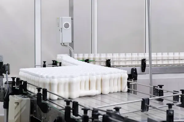 Factory producing milk or yogurt in to plastic bottles on conveyor line. Equipment at dairy plant. Filling yogurt bottles on conveyor belt at factory