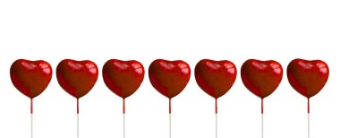 Beyaz arka planda izole edilmiş yedi kırmızı kalpli Sevgililer Günü afişi ve mesaj için yer. Aşk ve mutluluk.