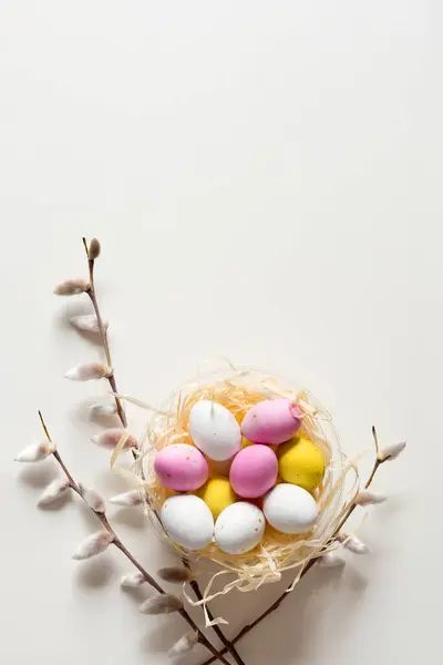 stock image Easter minimalist concept with easter eggs in a nest and Spring pussy willow branches. Delicate pastel empty background with copy space. Vertical photo