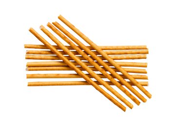 Buğday unundan ince ve uzun ekmek çubukları, kurabiye çubukları, ekmek çubukları, beyaz arka planda izole edilmiş.