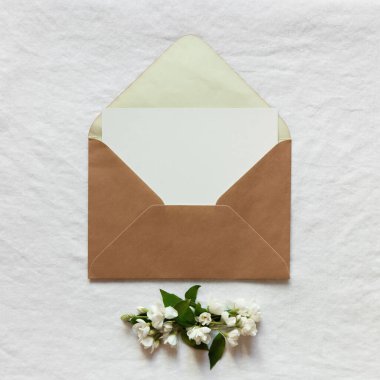 Kahverengi zarf içinde boş kağıt kart, beyaz yasemin çiçekleri dalı kabartmalı beyaz arkaplan.