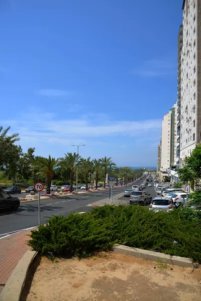 Kilátás Város Ashkelon Izrael Autópálya Pálma Sikátor Kilátás Tengerre Háttérben Stock Kép