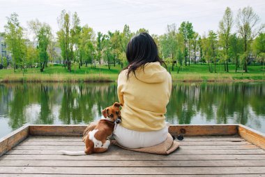 Kadın, parkta göletin yanında Jack Russell köpeği olan bir iskelede oturuyor. Köpek oturuyor. Arkasını dönüp kameraya baktı..