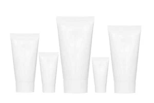Συλλογή Σωλήνων Πέντε Λευκές Λευκές Συσκευασίες Πλαστικού Σωλήνα Για Κρέμα Εικόνα Αρχείου