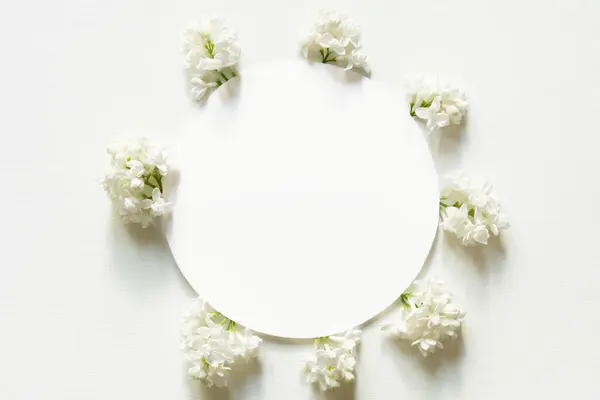 White Circle Lilac Flowers White Background Flat Lay Top View Стоковое Изображение