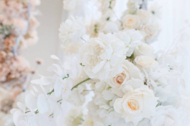 Çiçek süsleme. Arka plan için doğal çiçek kartı. Işık arkaplanındaki güzel çiçek buketinden oluşan evrensel kompozisyon.