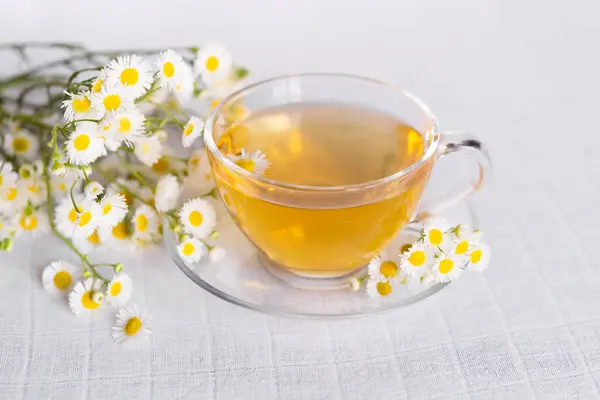 Papatya çiçekli bir fincan bitki çayı.