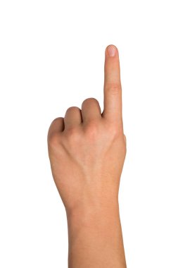 İşaret parmağı yukarıda, erkek eli. beyaz arkaplanda izole