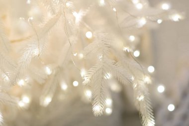 Mutlu Noeller ve yeni yıl tatili geçmişi. Ampuller ve Noel ağacı dallarıyla bulanık bokeh arkaplan