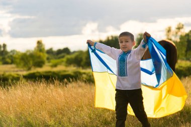 Tarlada Ukrayna bayrağı taşıyan çocuk. Ukrayna 'nın sarı ve mavi bayrağını taşıyan şık işlemeli bir gömlek giymişti. Ukrayna bayrağı. Ukrayna 'nın Bağımsızlığı, Anayasa Günü.