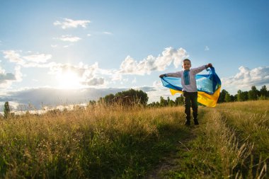 Tarlada Ukrayna bayrağı taşıyan çocuk. Ukrayna 'nın sarı ve mavi bayrağını taşıyan şık işlemeli bir gömlek giymişti. Ukrayna bayrağı. Ukrayna 'nın Bağımsızlığı, Anayasa Günü.