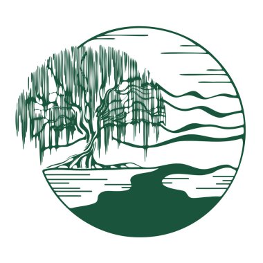 Beyaz arka planda dağlarla nehir kıyısında söğüt ağacı