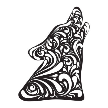 Beyaz arka planda uluyan kurdun süslü başı.