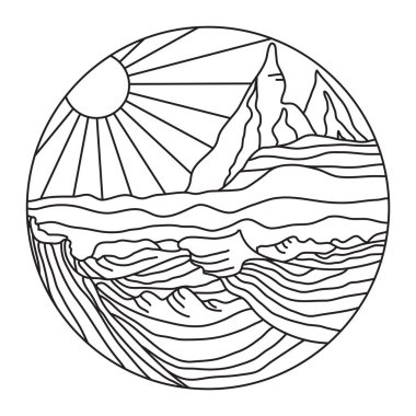 Güneş, su ve dağların beyaz üzerine çizdiği manzara çizgisi