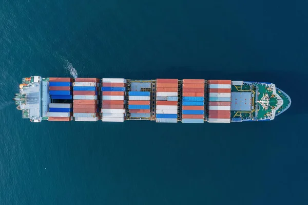 Cargo ship with containers, directly above drone view.