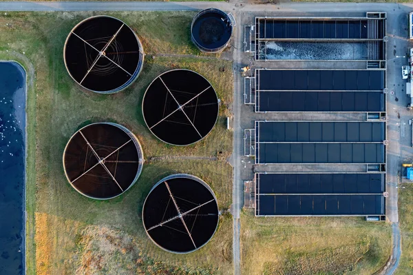 Industrial sewage treatment plant, directly above drone aerial view.