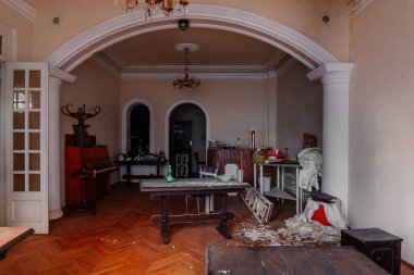 Old abandoned forgotten historical mansion interior.